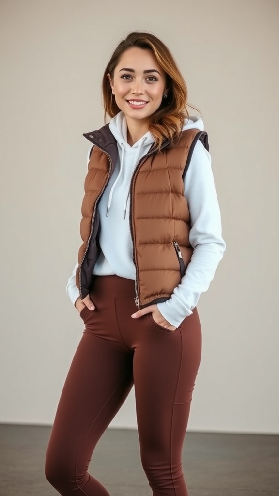 A woman wearing a white hoodie and brown puffer vest, smiling and posing confidently.