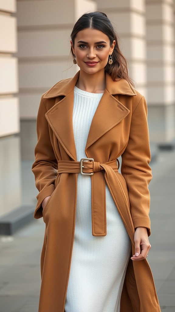 A woman wearing a white knit dress and a brown belted coat, showcasing a chic and stylish outfit.