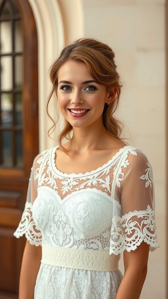 A woman wearing a white lace babydoll dress with sheer sleeves, smiling in a bright setting.