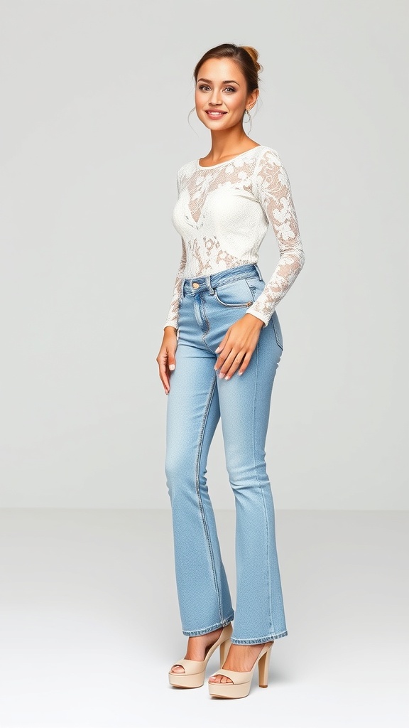 Woman wearing a white lace long sleeve top with flared jeans and nude heels.
