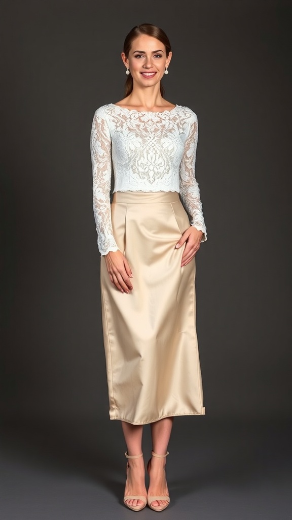 Model wearing a white lace long sleeve top with a satin midi skirt