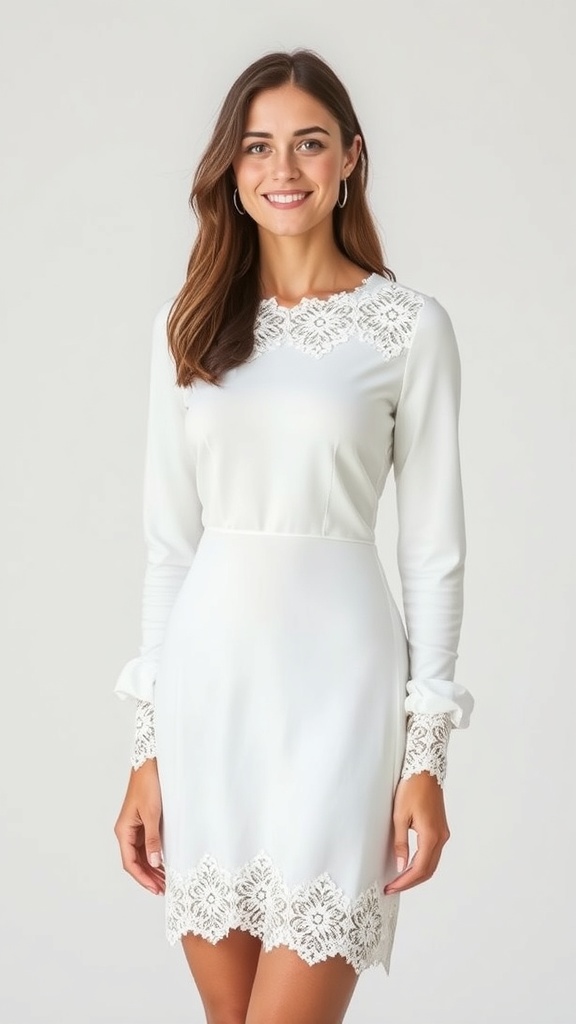 A woman wearing a white long sleeve dress with lace trim and a midi hem, smiling at the camera.