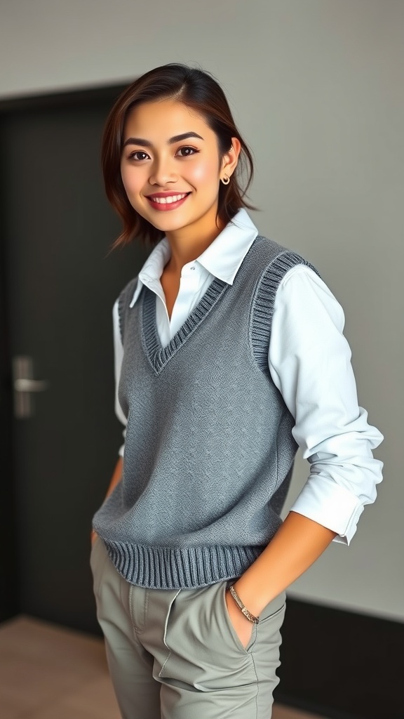 A person wearing a white long sleeve shirt under a gray sweater vest, smiling and posing casually.