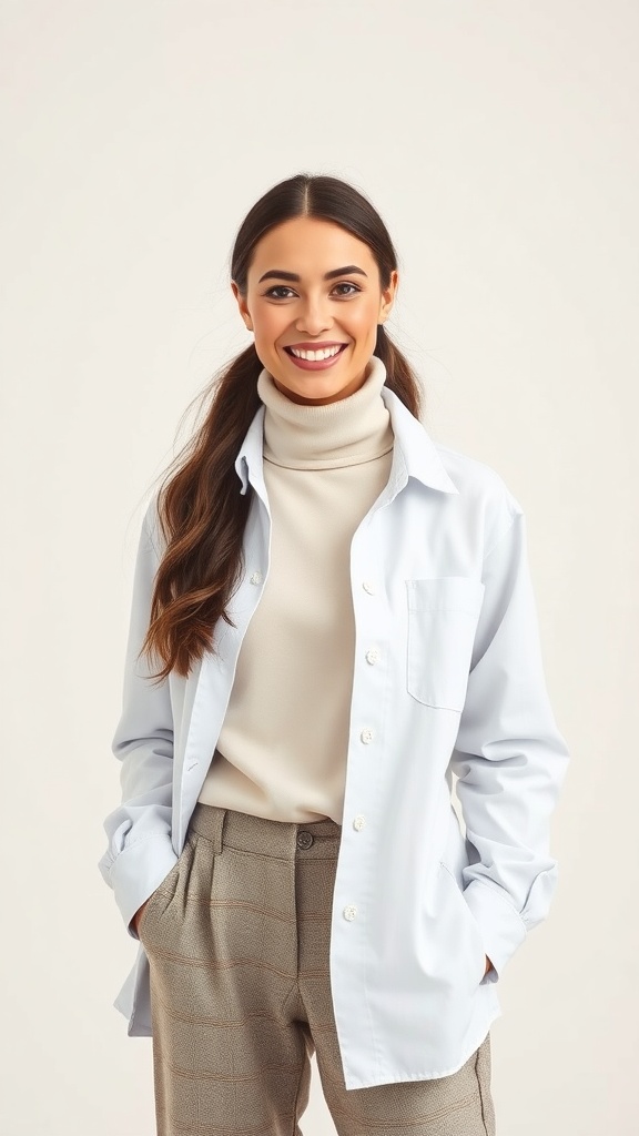 A woman wearing a white long sleeve shirt over a beige turtleneck, smiling confidently.