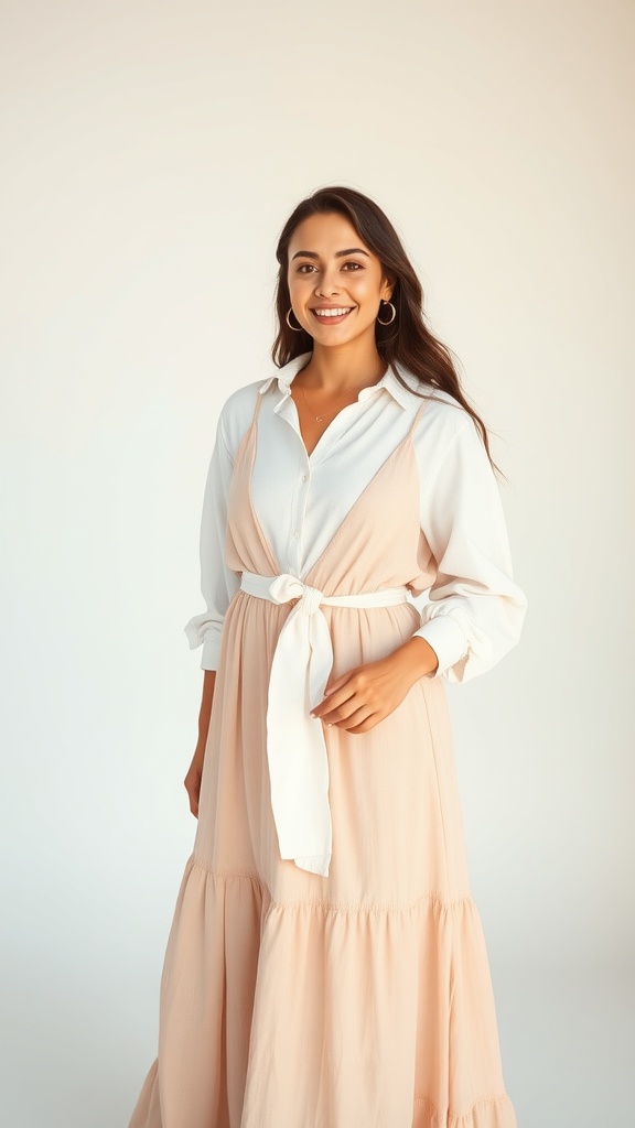 A woman smiling while wearing a white long sleeve shirt tied over a pastel maxi dress.