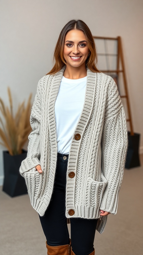 A woman smiling while wearing a white long sleeve shirt under a cozy beige cardigan.