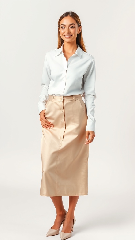 A woman wearing a white long sleeve shirt and a satin midi skirt, smiling confidently.
