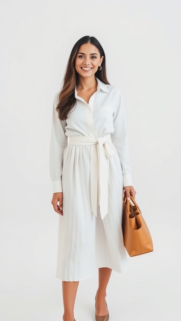 A woman wearing a white long sleeve shirt with a belted midi skirt, holding a brown handbag.