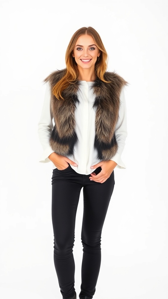 Woman wearing a white long sleeve shirt with a faux fur vest and skinny jeans.