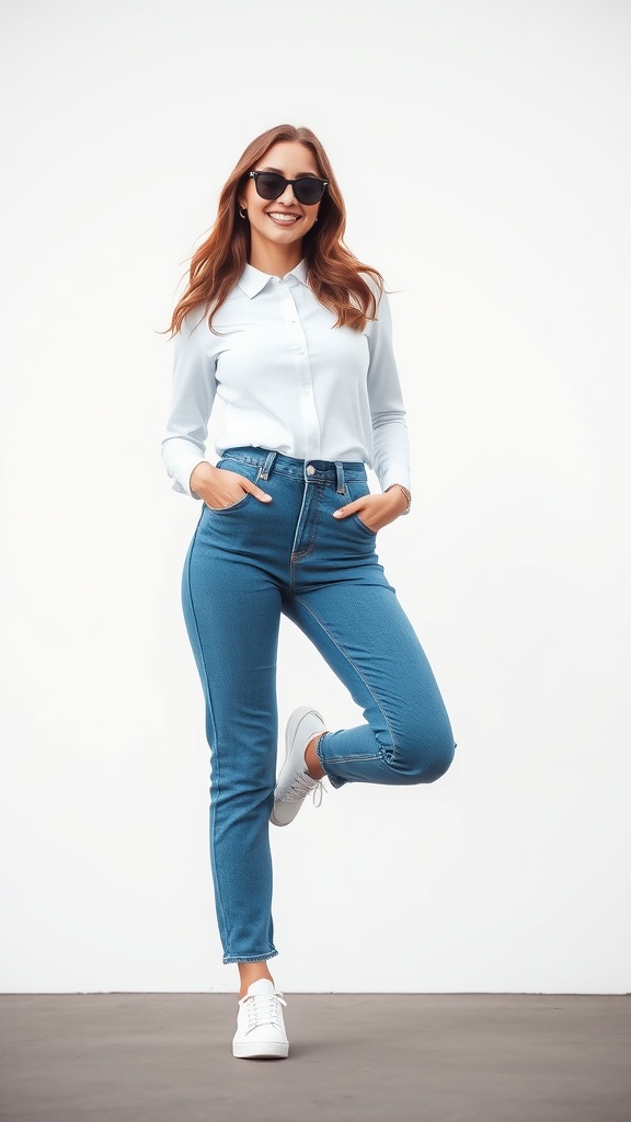 A woman wearing a white long sleeve shirt and high-waisted blue jeans, smiling while posing with sunglasses.