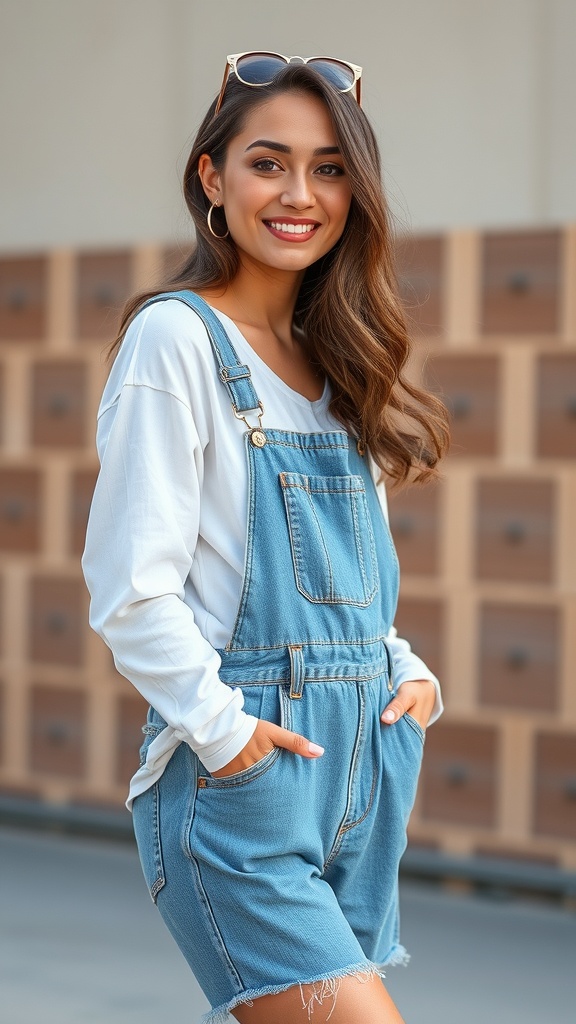 A woman smiling while wearing a white long sleeve shirt with denim overalls and sneakers.