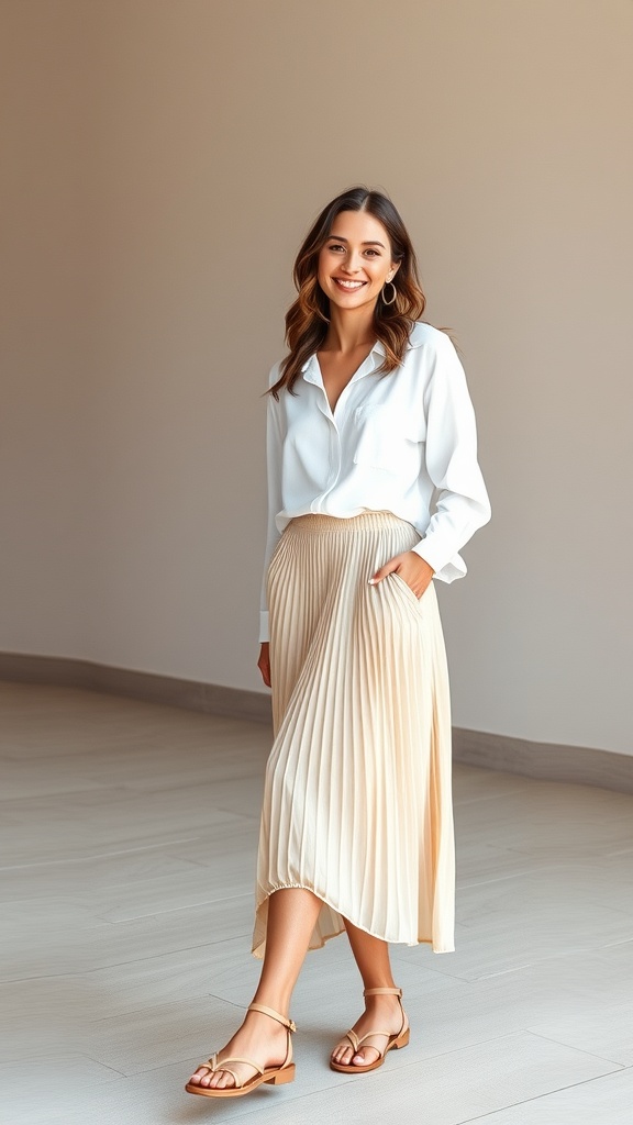 A woman wearing a white long sleeve shirt and a pleated midi skirt, smiling and standing in a bright room.
