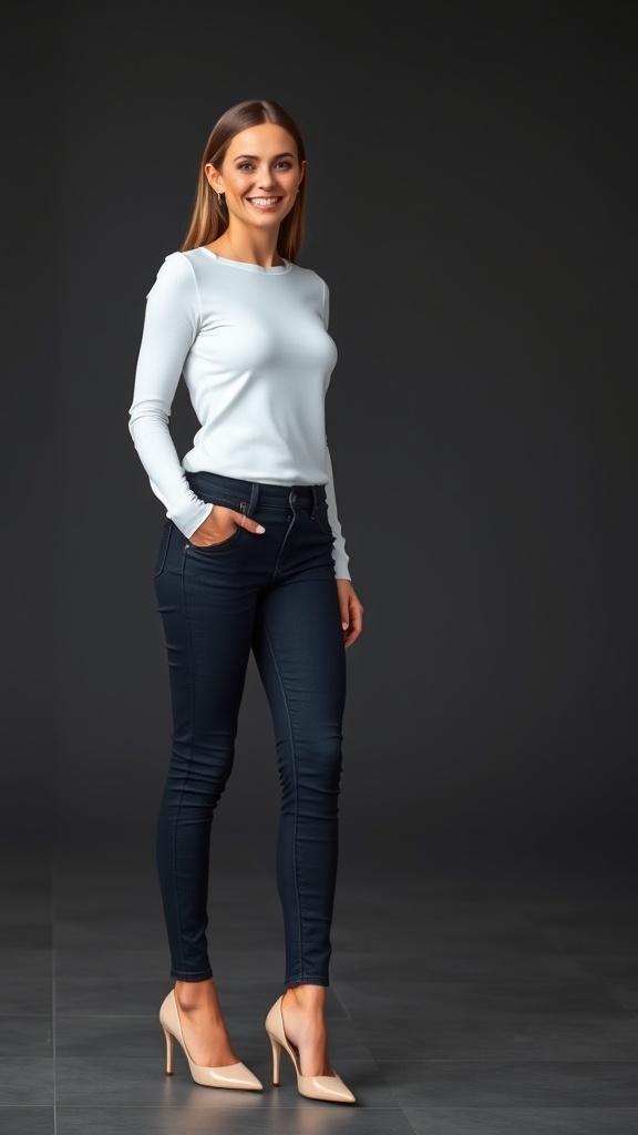 A woman wearing a white long sleeve shirt, skinny jeans, and heels, smiling confidently.