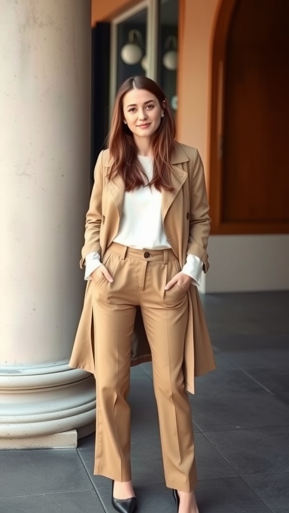 A woman wearing a white long sleeve shirt, beige trousers, and a beige trench coat, standing confidently.