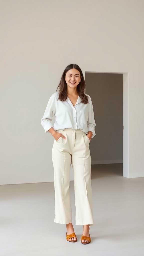 A woman smiling while wearing a white long sleeve shirt and wide-leg trousers, standing in a minimalist space.