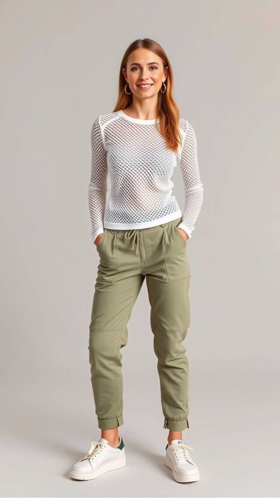 A woman wearing a white mesh long sleeve top with cargo pants and white sneakers.