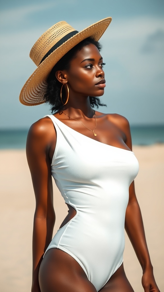 A Black woman wearing a white one-shoulder one-piece swimsuit with a straw hat, standing on the beach.