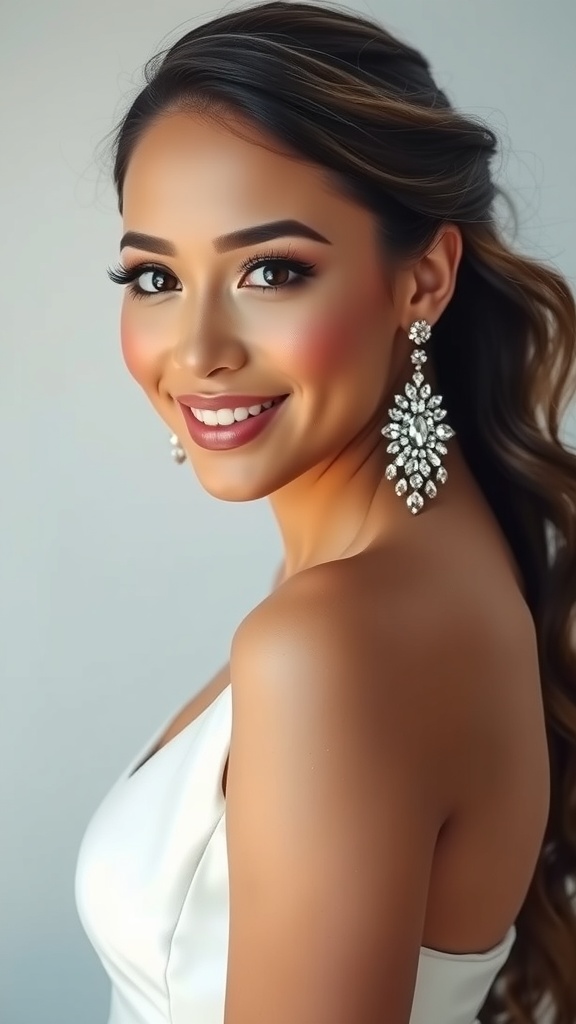 A young woman wearing a white one-shoulder prom dress with a crystal strap, smiling confidently.