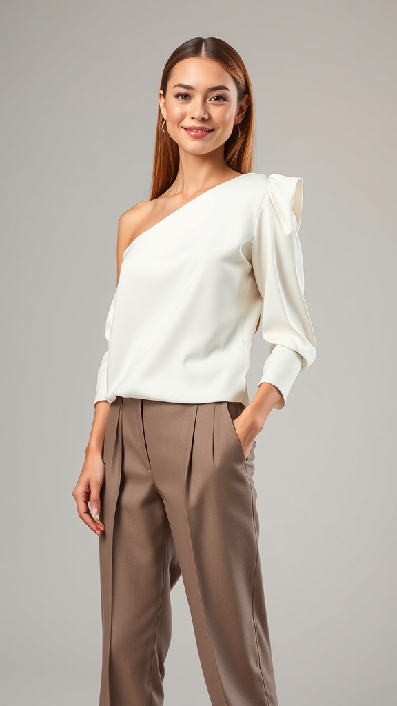 A woman wearing a white one shoulder blouse with pleated trousers, smiling confidently.