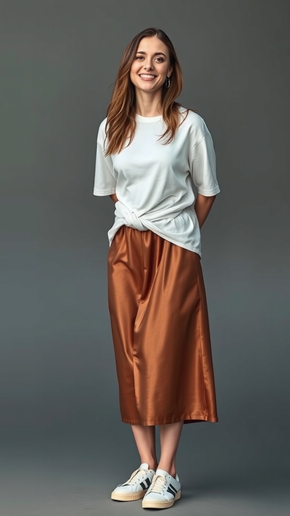 A woman wearing a white oversized tee and a brown satin midi skirt, smiling and standing casually.