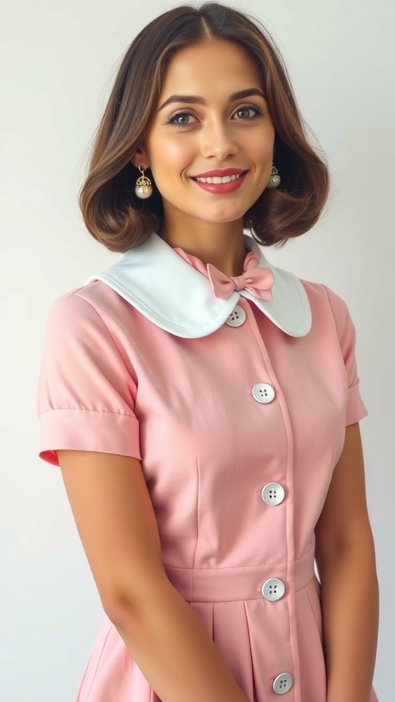 A woman smiling while wearing a pink dress with a white Peter Pan collar.