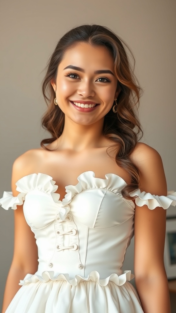 A young woman smiling while wearing a white ruffle dress with corset detail.