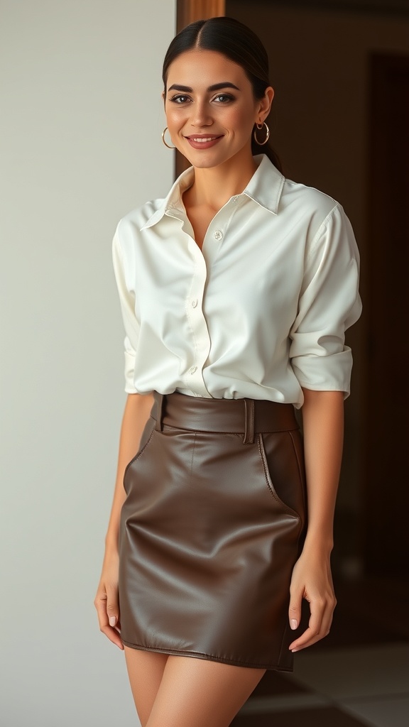 A woman wearing a white satin blouse and a brown leather skirt, smiling confidently.