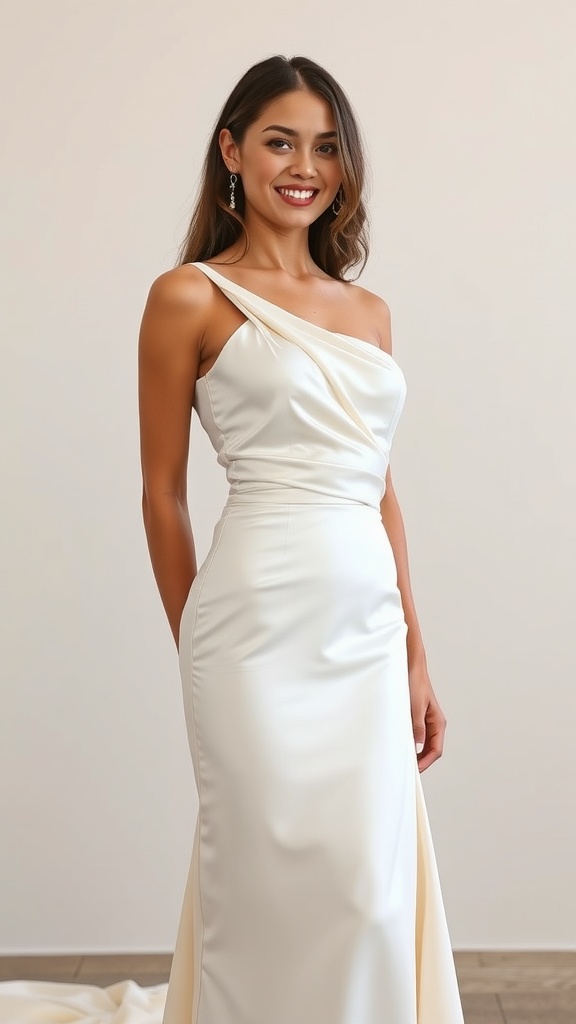 A model wearing a white satin column dress with a train, featuring a single-shoulder strap and a sleek silhouette.