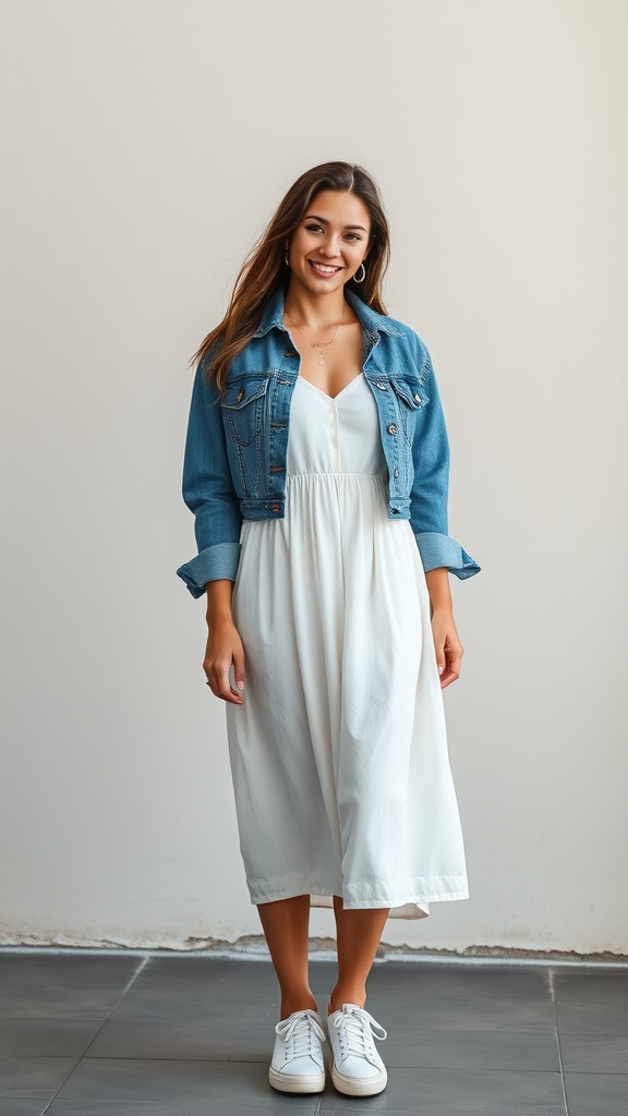 A woman wearing a white sundress with a denim jacket and white sneakers, smiling at the camera.