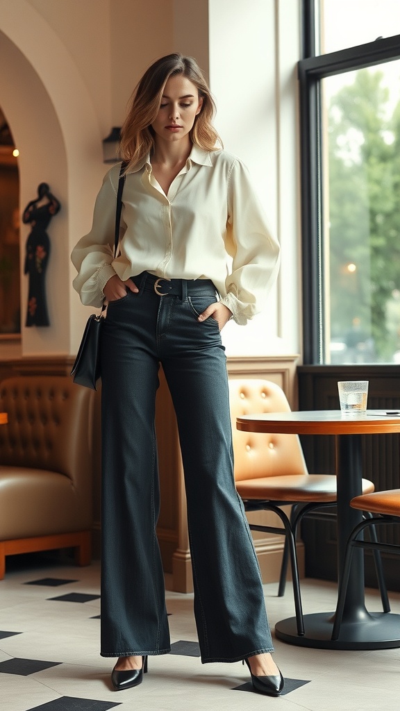 A woman wearing wide-leg jeans and a breezy blouse, standing in a cafe.