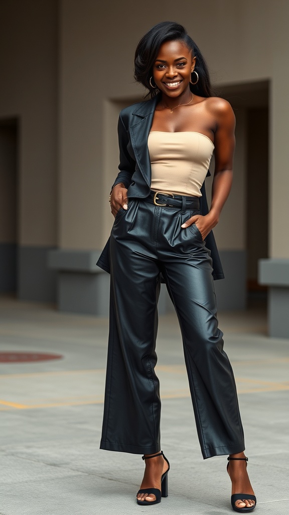 A model wearing wide-leg leather pants and a nude tube top, styled with a blazer and heels.