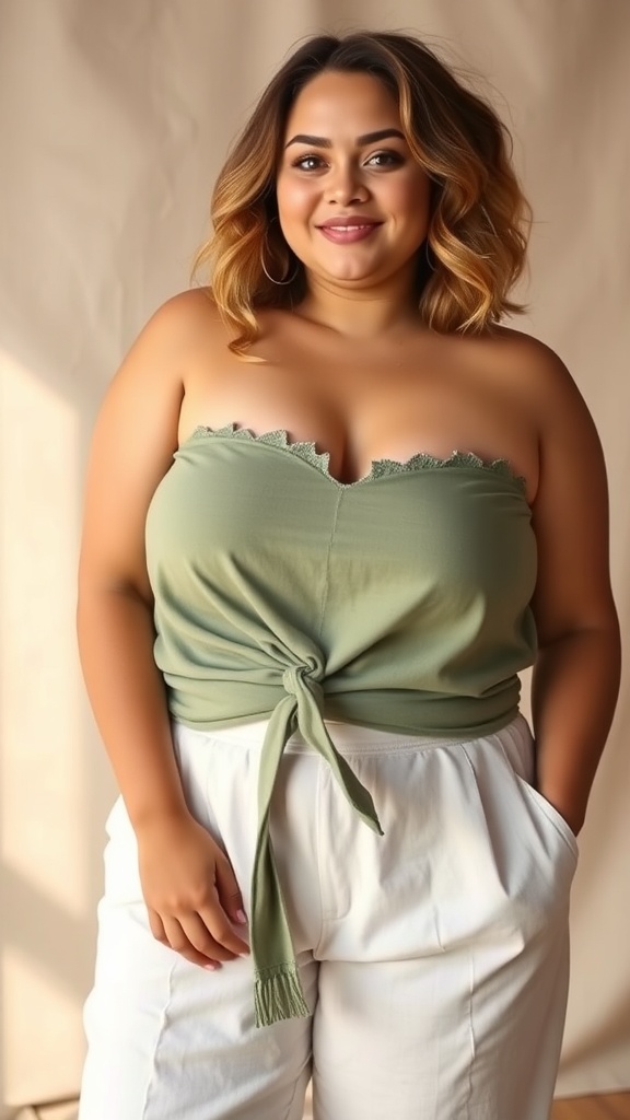 A smiling woman wearing a green crop top and white wide-leg linen pants, showcasing a stylish outfit.