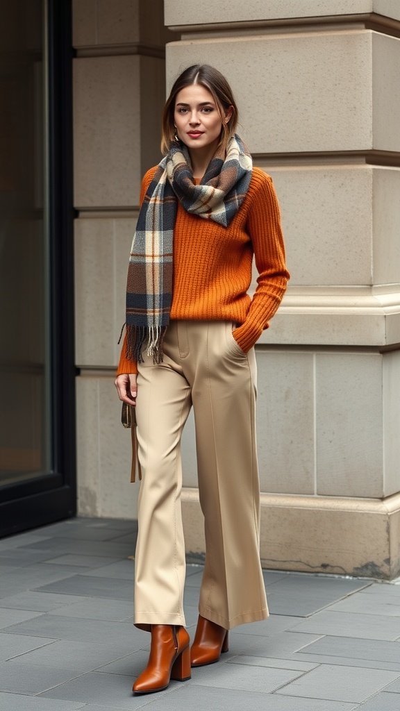 A woman in a cozy orange sweater and wide-leg pants, wearing a plaid scarf, standing outside.