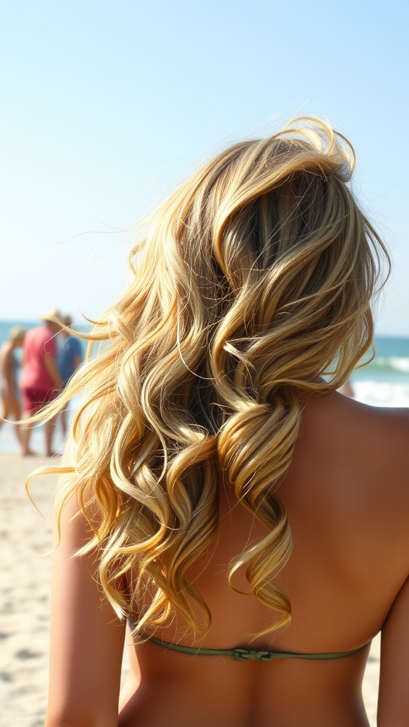 A woman with long, wavy blonde hair at the beach, showcasing wild and free beach waves.