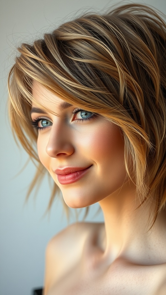 A woman with a windswept mid-length shag haircut, showcasing layered hairstyles with a textured finish.