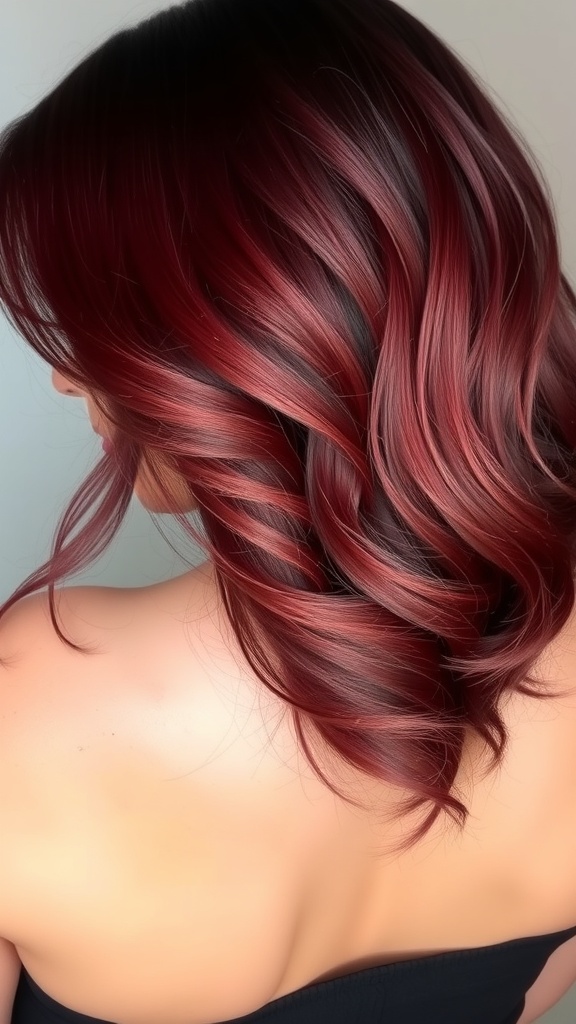 A woman with dark wine red ombre hair, showcasing soft waves and a rich color transition.