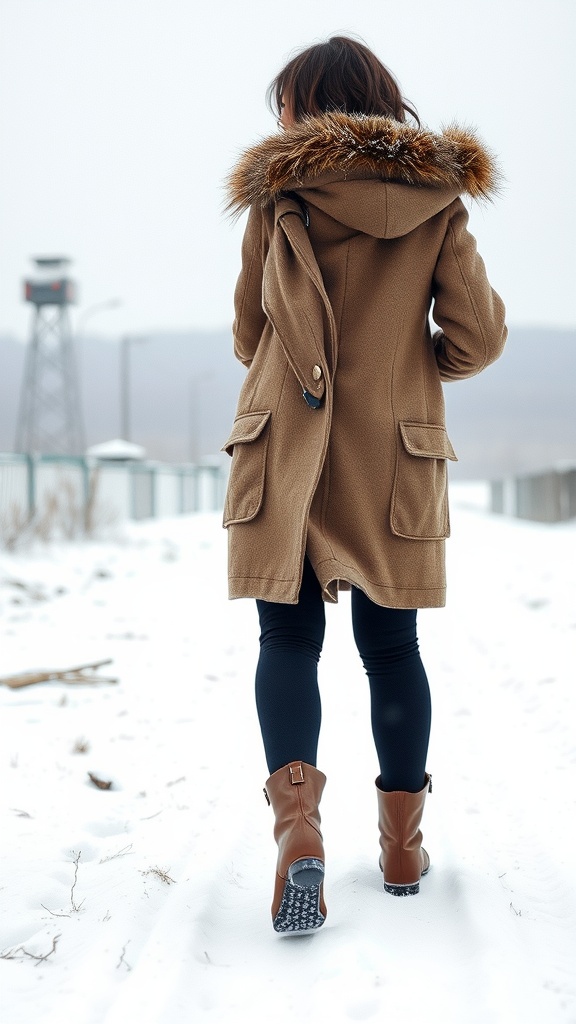 A woman wearing a brown coat with a furry hood, black leggings, and brown ankle boots, walking in a snowy landscape.