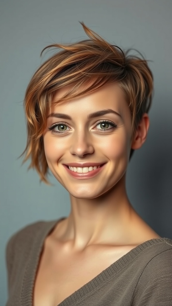 A smiling woman with a wispy brown pixie haircut featuring cinnamon highlights.