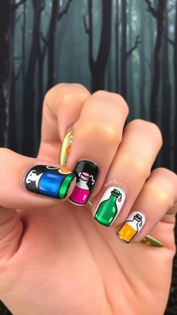 A hand showing nails painted with colorful potion bottles against a dark forest background.