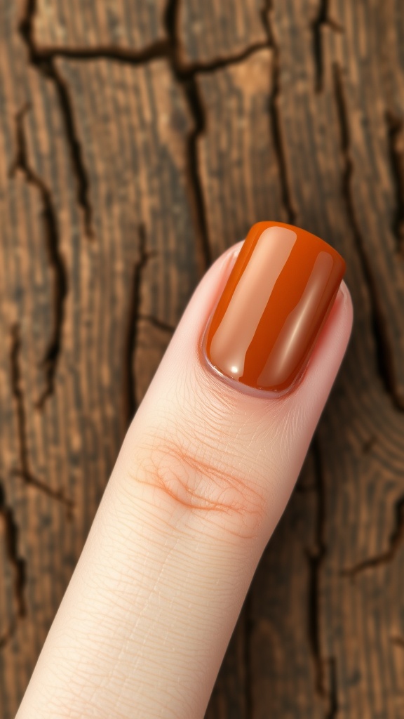 Close-up of a finger with woodgrain texture nails in warm orange color against a textured wood background.