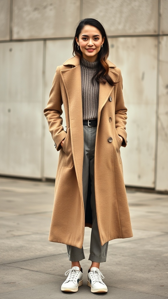 A woman wearing a wool coat over a cropped sweater, paired with high-waisted trousers and sneakers.