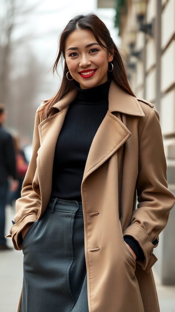 A woman smiling in a cozy wool skirt and turtleneck outfit, showcasing fall fashion.