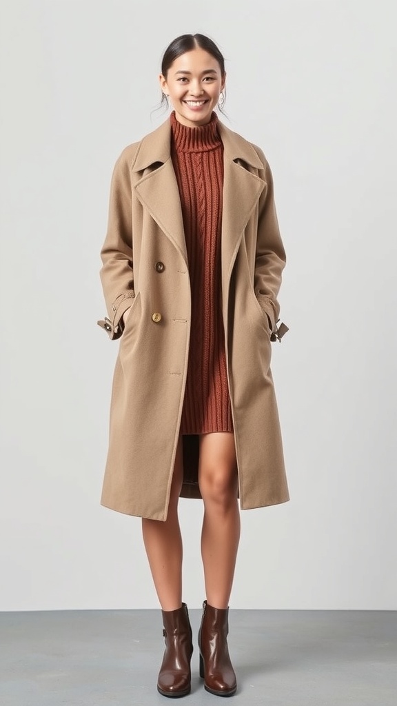A woman wearing a wool trench coat over a knitted dress, styled for a fall church outfit.