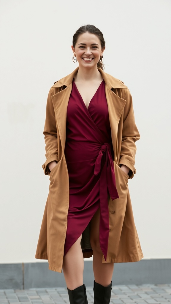 A woman wearing a burgundy wrap dress with a tan trench coat and black booties, smiling against a plain background.