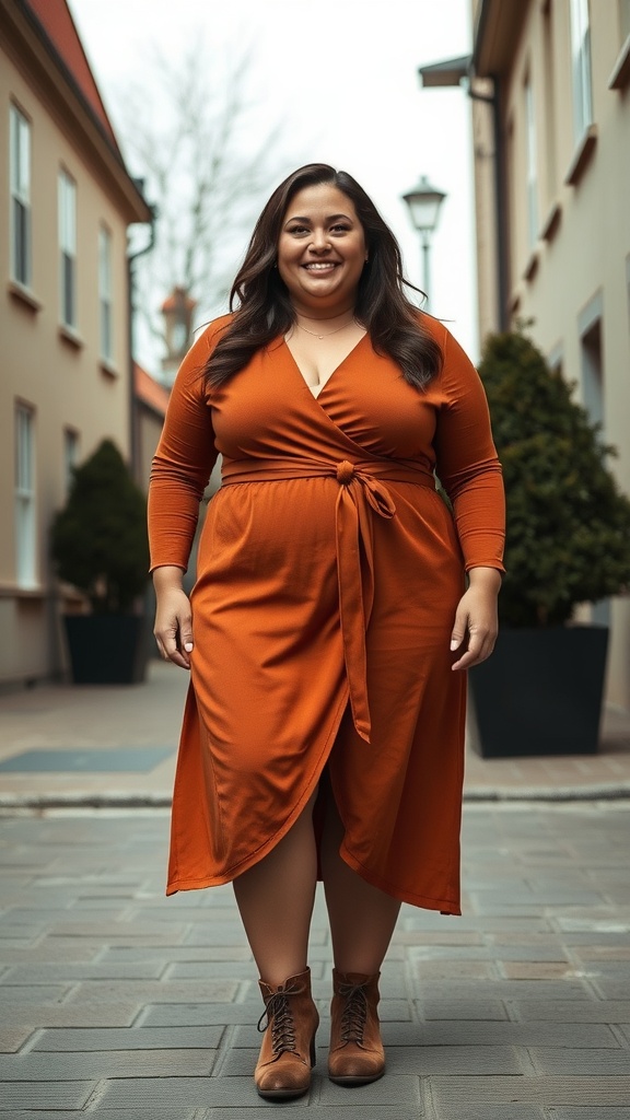 A woman wearing a wrap midi dress in a warm color with knee-high boots, smiling in a street setting.