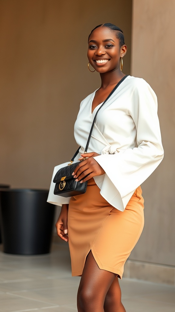 A woman smiling while wearing a wrap mini skirt and a bell sleeve blouse, holding a black handbag.