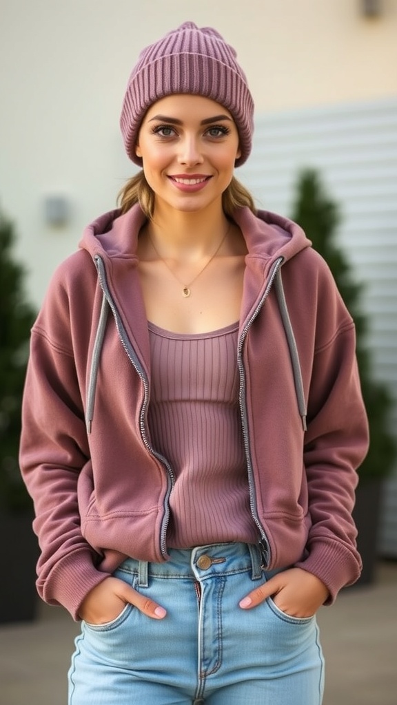 A woman wearing a zip-up hoodie, high-waisted jeans, and a beanie, smiling at the camera.