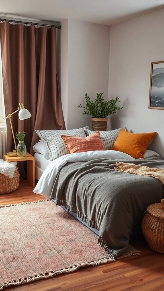 A cozy bedroom featuring layered textiles, including a gray blanket, colorful throw pillows, brown curtains, and a woven rug.
