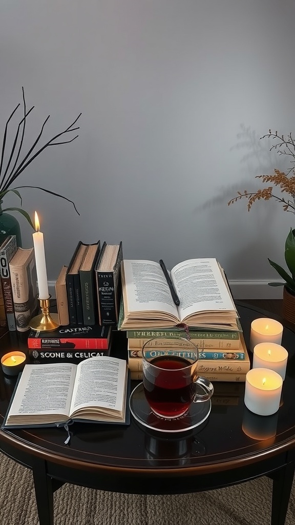 A cozy book display featuring stacked books, a candle, a cup of tea, and decorative elements.