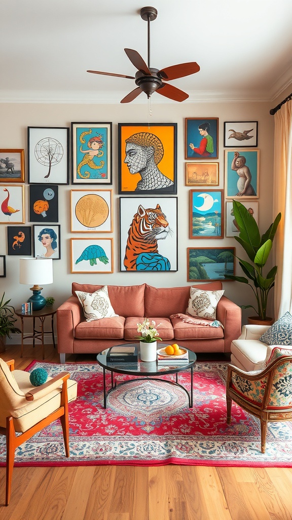 A cozy living room with a gallery wall of colorful art, a coral sofa, patterned chair, and a potted plant.